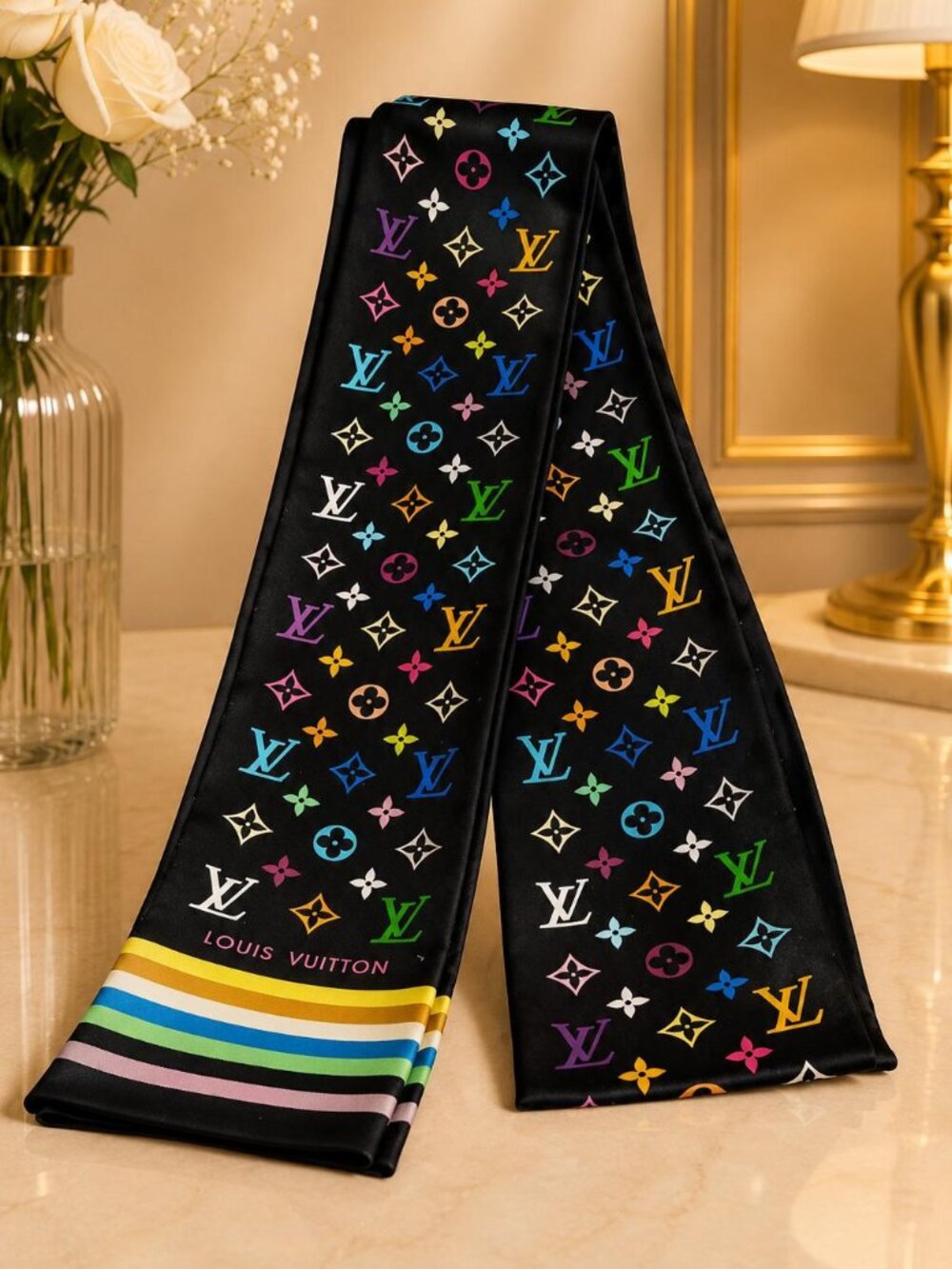 Authentic Louis Vuitton Multicolor Monogram Silk Bandeau Scarf
